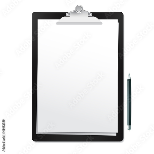 Realistic black clipboard with white empty page and pen on white background. Vector mockup for your sketches and inscriptions presentation.