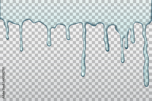 Dripping water on transparent background. Realistic rain drops. Vector illustration.