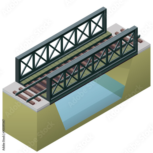 Vector train bridge in isometric 3d perspective isolated on white background. Industrial transportation building. Metallic architecture. Railway bridge with rail. Assembled riveted bridge construction