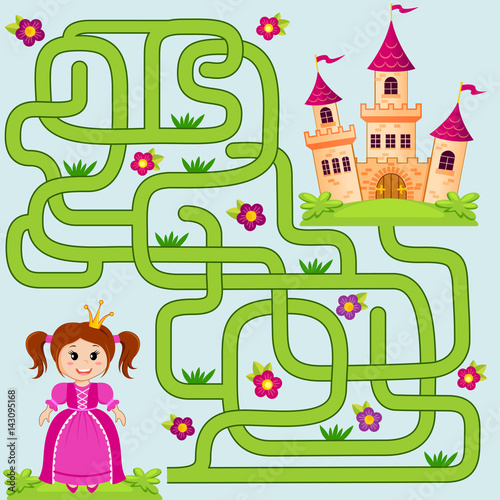Help little cute princess find path to castle. Labyrinth. Maze game for kids