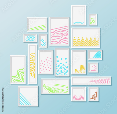 Different pictire frames with simple colorful geometric patters on bright blue wall. Set of realistic borders for art gallery mockup, wallpaper design, fully editable, you can move any object