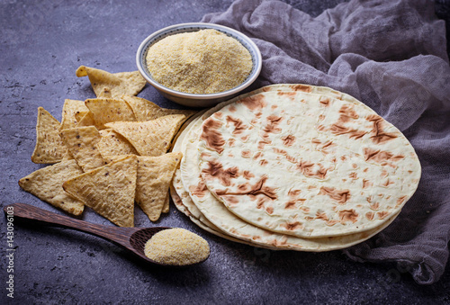 Mexican tortillas, nacho chips and corn flour