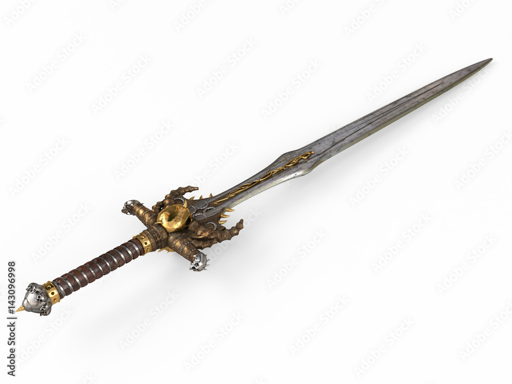 A fantasy long sword, with a skull and gold on an isolated white background. 3d illustration A fantasy long sword, with a skull and gold on an isolated white background. 3d illustration