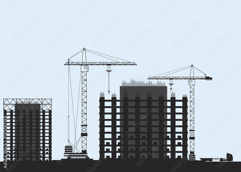 Silhouettes of building houses. Tower crane and houses of monolith. Flat vector illustration EPS10