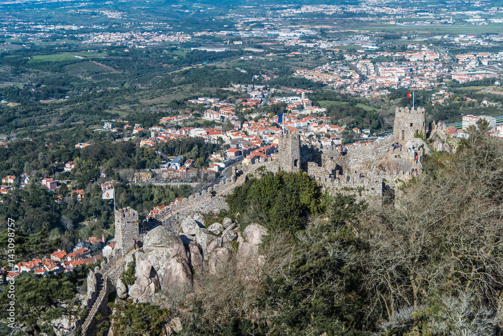 Aerial view of the Castle of the Moors (Castelo dos Mouros), Sintra, Portugal
