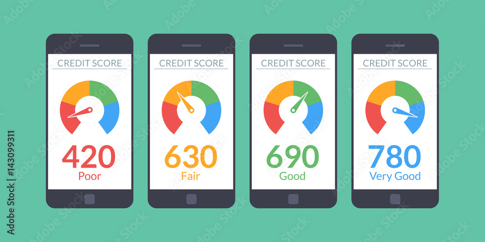 Collection smartphones with credit score app on the screen in flat style. Financial information about the client. Vector illustration isolated on white background.