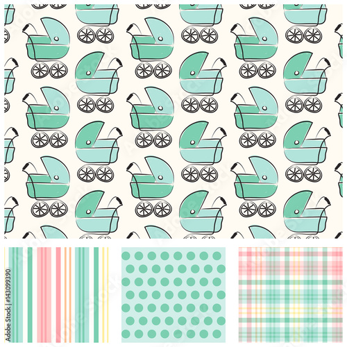 Baby stroller pattern with coordinating prints.. Mint green repeating patterns for gift wrap, baby shower paper, gift cards and more. Pram, stripe, polka dot and plaid prints. 