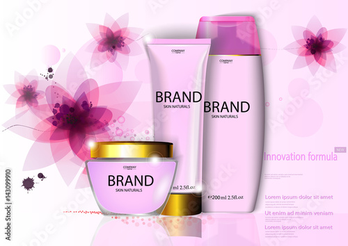 eps 10 vector cosmetic advertising banner for web, print. Advertisement presentation poster of revolutionary formula face and hand cream, body lotion with pink spring flowers. Realistic brand package