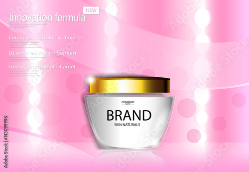 eps 10 vector cosmetic advertising banner for web, print. Advertisement presentation poster of luxury revolutionary formula face cream with lights bokeh effect pink backdrop. Realistic brand package