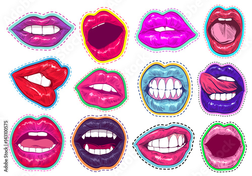 Pop art woman lips set. Sexy mouth. Fashion design, comic book style. Hand drawn vector illustration.