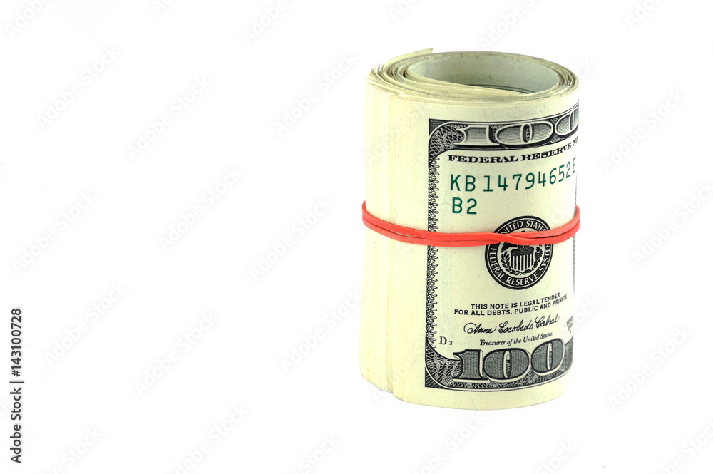 roll of hundred USA dollar bills with red rubber roll of hundred USA dollar bills with red rubber
