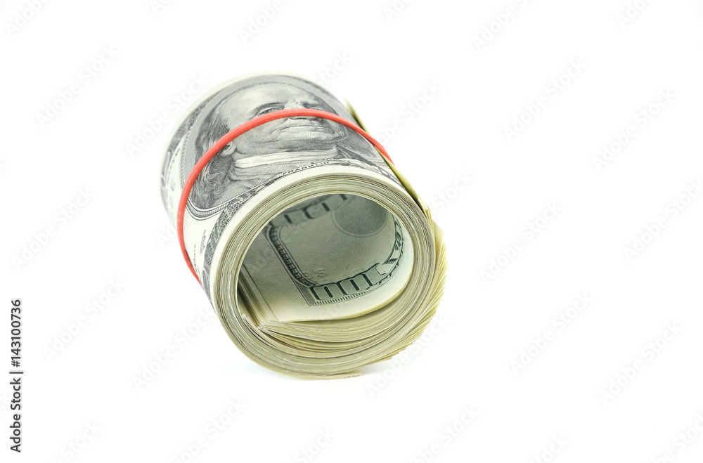 roll of hundred USA dollar bills with red rubber roll of hundred USA dollar bills with red rubber