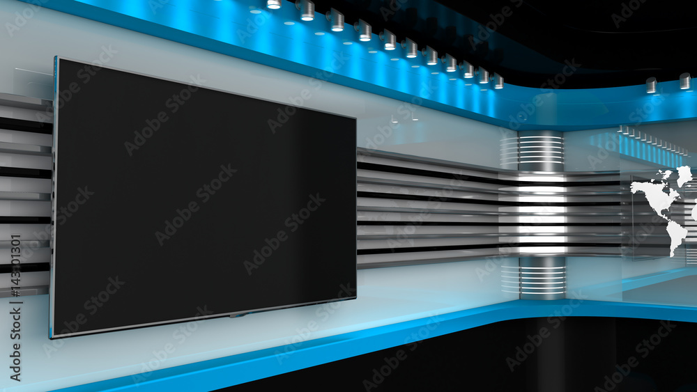 Tv Studio. Blue studio. Backdrop for TV shows .TV on wall. News studio. The perfect backdrop for any green screen or chroma key video or photo production. 3D rendering. Tv Studio. Blue studio. Backdrop for TV shows .TV on wall. News studio. The perfect backdrop for any green screen or chroma key video or photo production. 3D rendering.