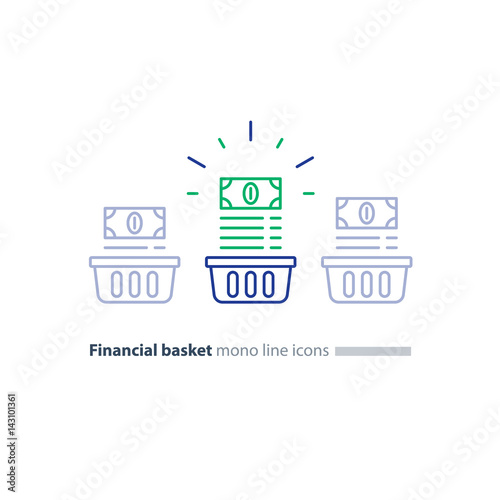 Financial basket, investment portfolio concept, budget plan, revenue increase, line icon