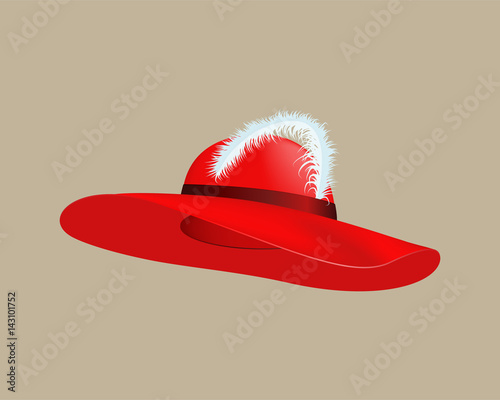 Womans summer red straw hat isolated style clothing cap accessory with feather vector illustration