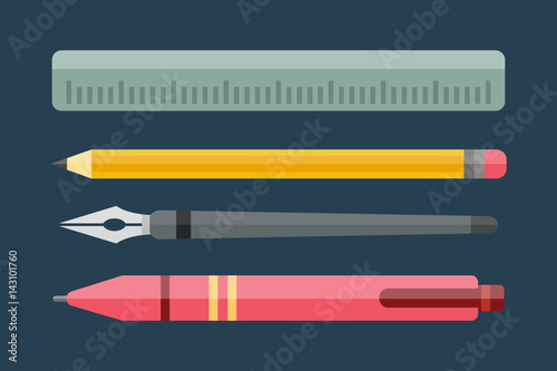 Paint and writing tools collection flat style colored stationery equipment drawing and education artist cartoon sketching vector illustration.