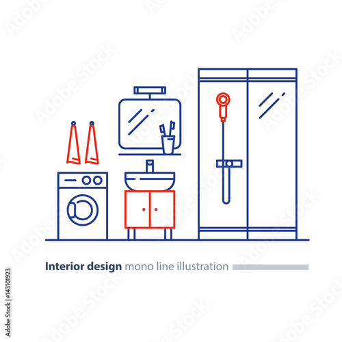 Bathroom design plan, facility items, washing mashine and shower stand