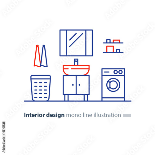Bathroom design plan, facility items, washing mashine and sink