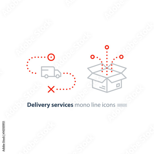 Truck delivery and box package, transportation services line icons