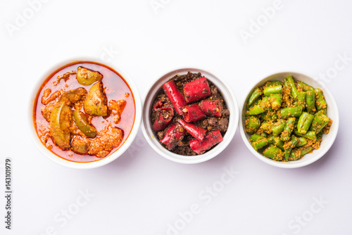 Photography group photo of indian traditional  Mango pickle / aam ka achar, hari mirch achar