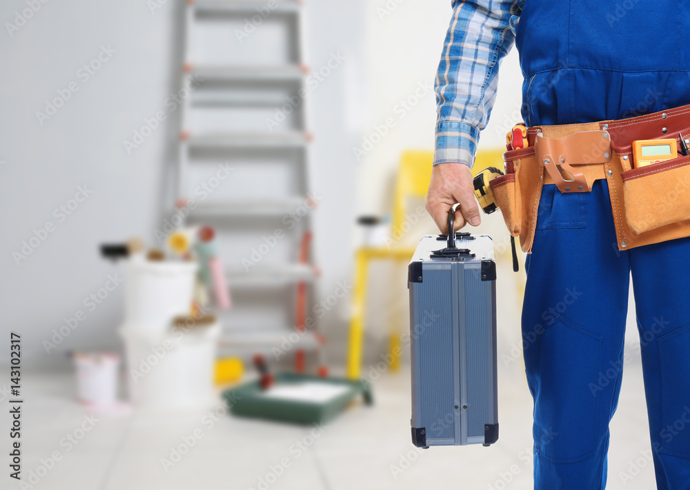 Electrician with tool box on white background, closeup Electrician with tool box on white background, closeup