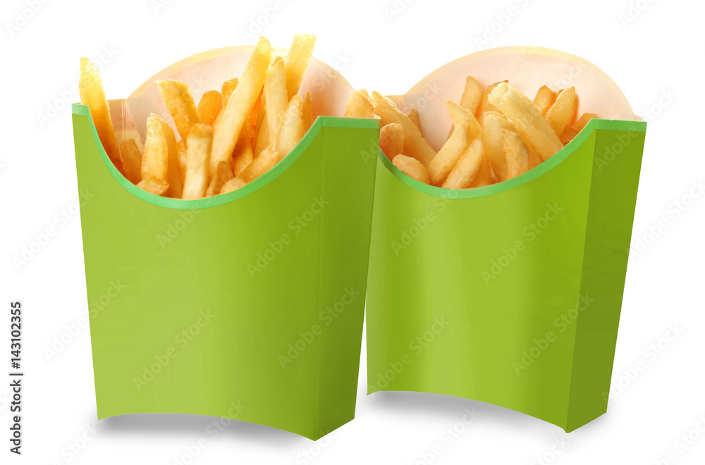 Carton boxes with delicious French fries on white background Carton boxes with delicious French fries on white background