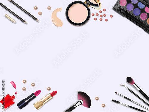 Top view of various make up accessories decorative cosmetics products. Workplace, cosmetics, lipstick, nail polish, mascara, face powder and eyeshadow on blue background.