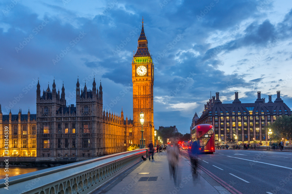 LONDON, ENGLAND - JUNE 16 2016: Night photo of Houses of Parliament with Big Ben from Westminster bridge, London, England, Great Britain