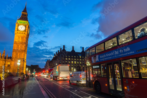 Fototapeta Naklejka Na Ścianę i Meble -  LONDON, ENGLAND - JUNE 16 2016: Night photo of Houses of Parliament with Big Ben from Westminster bridge, London, England, Great Britain