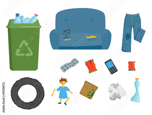 Recycling garbage elements trash bags tires management industry utilize concept and waste ecology can bottle recycling disposal box vector illustration.