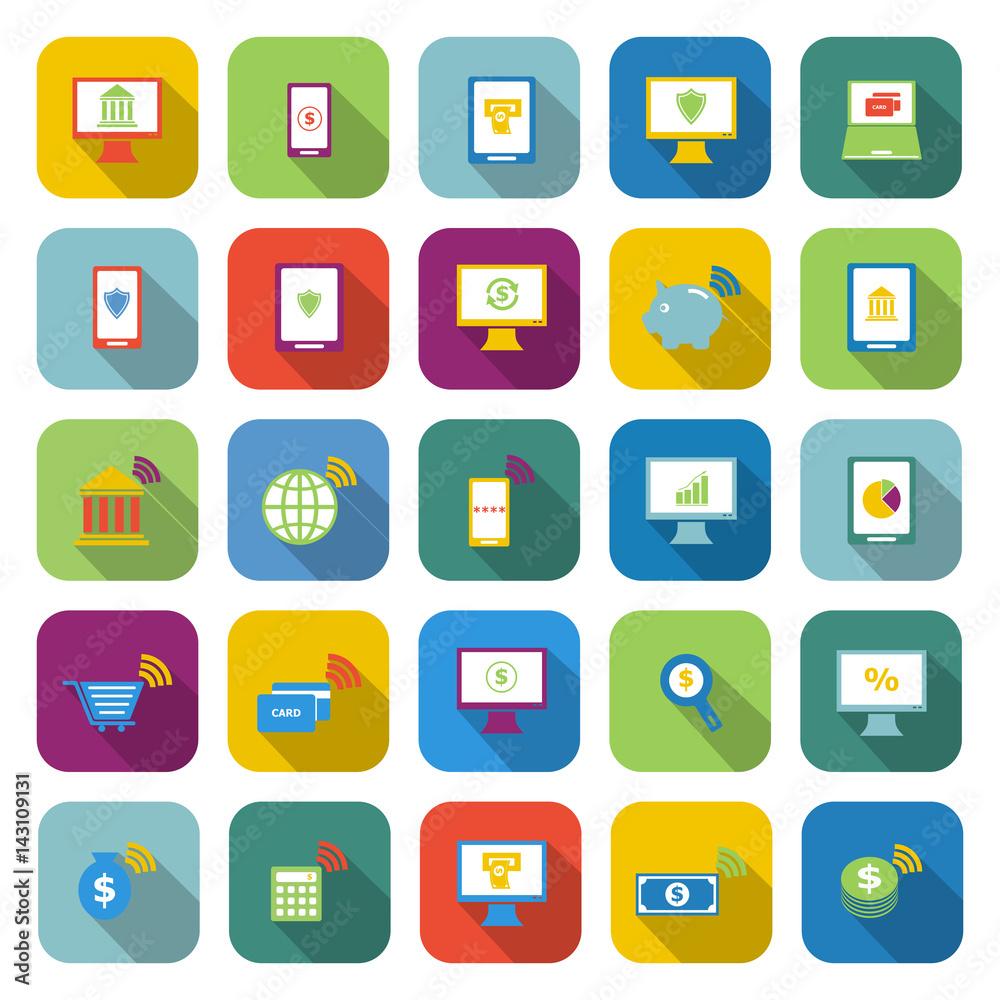 Online banking color icons with long shadow Online banking color icons with long shadow