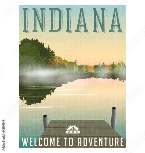 Indiana travel poster or sticker. Vector illustration of of mist on tranquil lake in autumn.
