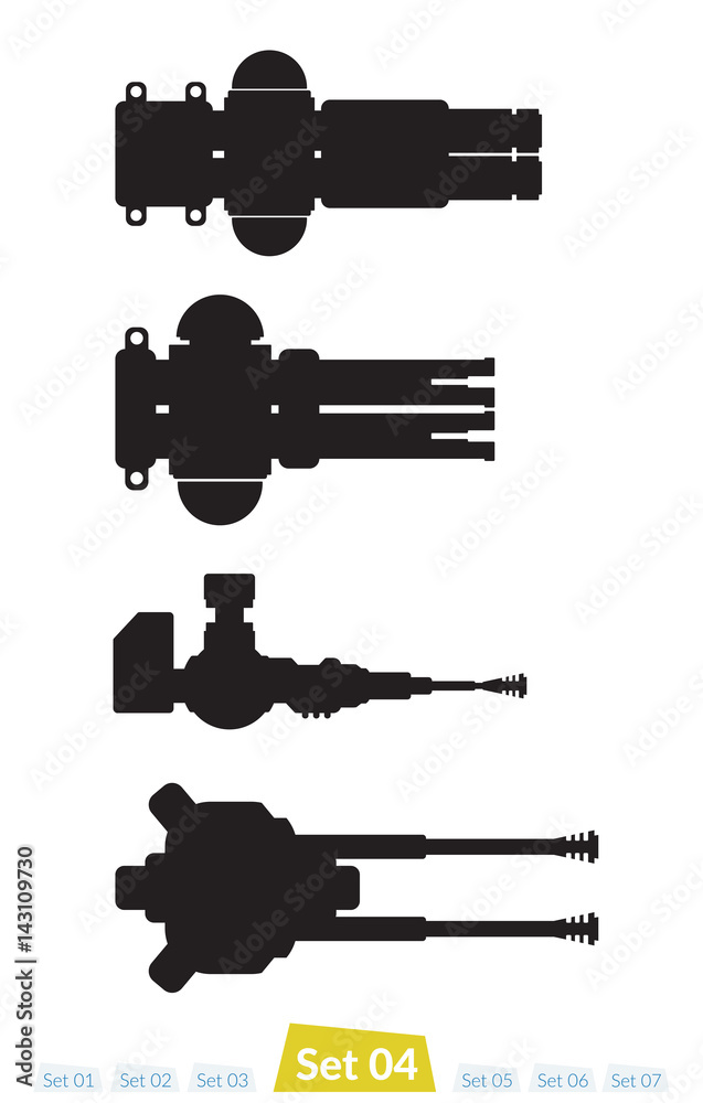 Set of Spaceship weapons silhouette set four