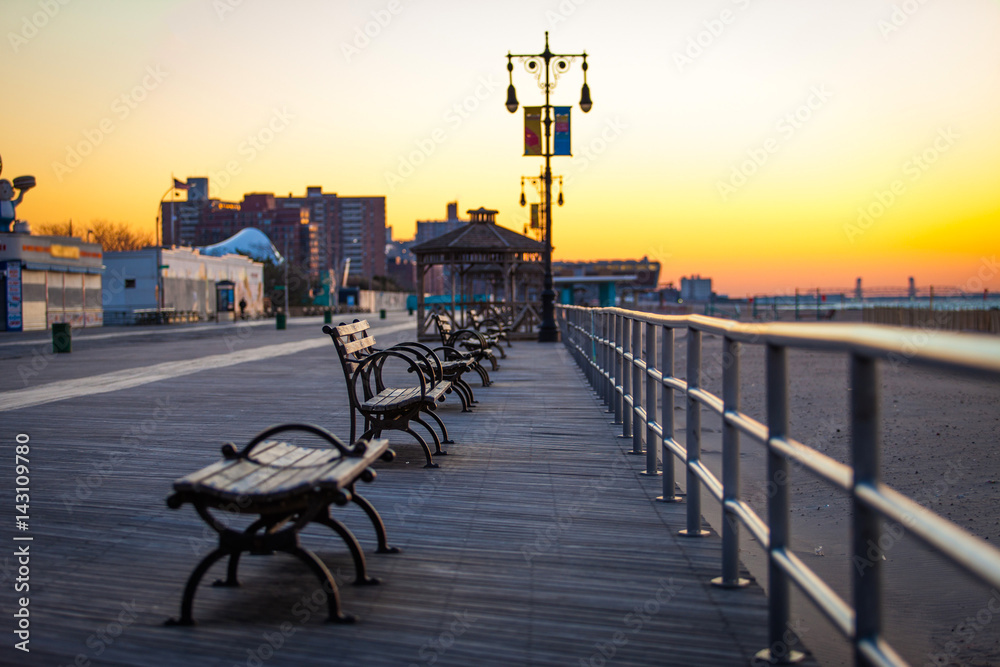 Benches at the pier sunset