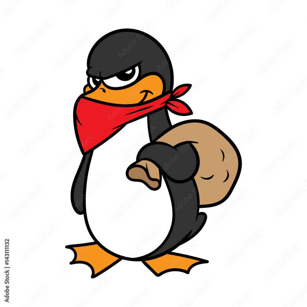 Obraz premium Cartoon Penguin Thief or Bandit Vector Illustration