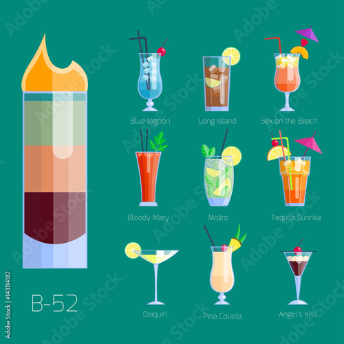Set of alcoholic cocktails isolated fruit cold drinks tropical cosmopolitan freshness collection and party alcohol sweet tequila vector illustration.