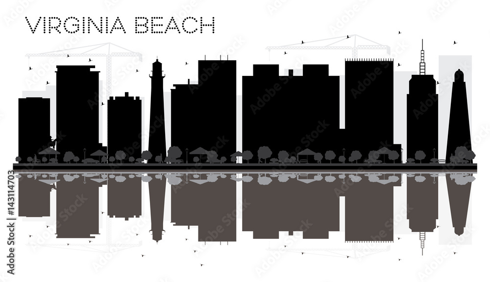 Virginia Beach City skyline black and white silhouette with reflections.
