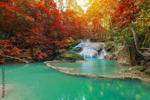 Fototapeta Naklejka Na Ścianę i Meble -  Waterfall in Deep forest at Erawan waterfall National Park,