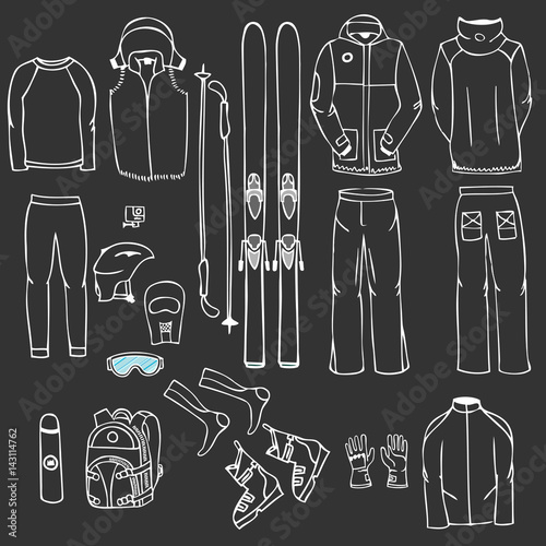 Ski equipment in vector, ski kit infographic set, ski vector doodle, hand drawn vector gear, ski clothes set