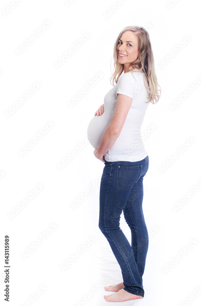 smiling pregnant woman on white background smiling pregnant woman on white background