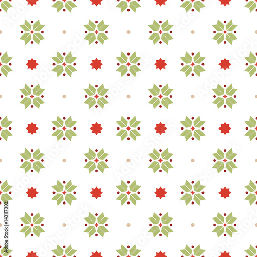 Vector seamless pattern of geometric snowflakes. Nordic pattern in Christmas traditional colors.