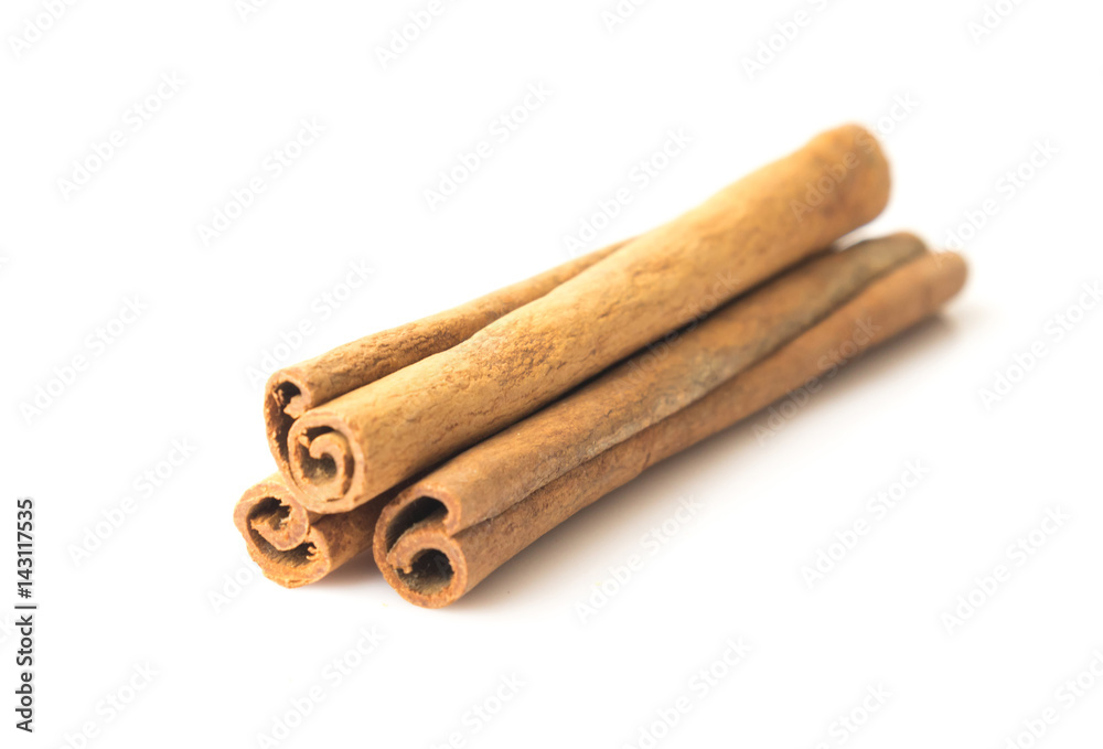 Cinnamon sticks on white background, Raw material cooking food, selective focus