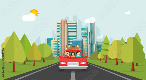 Family travel by car, flat cartoon style happy family with kid travelling together via automobile vector illustration, concept of people journey, summer vocations, fun weekend trip