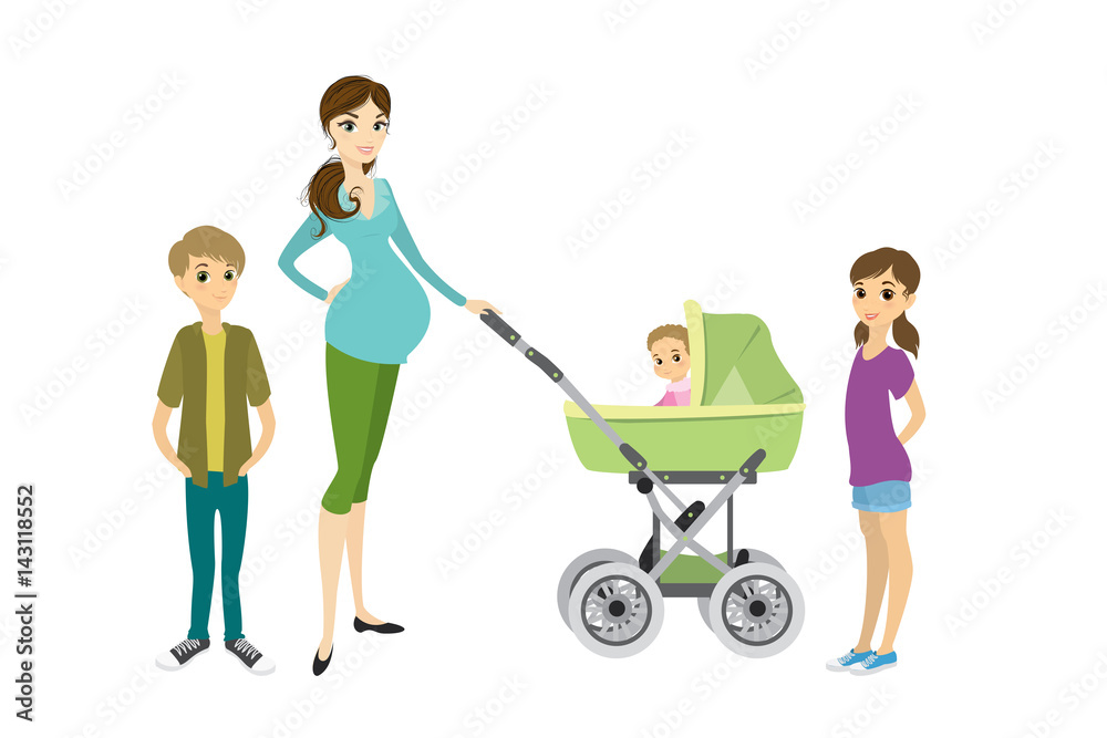 Pretty young pregnant woman with a pram and children Pretty young pregnant woman with a pram and children