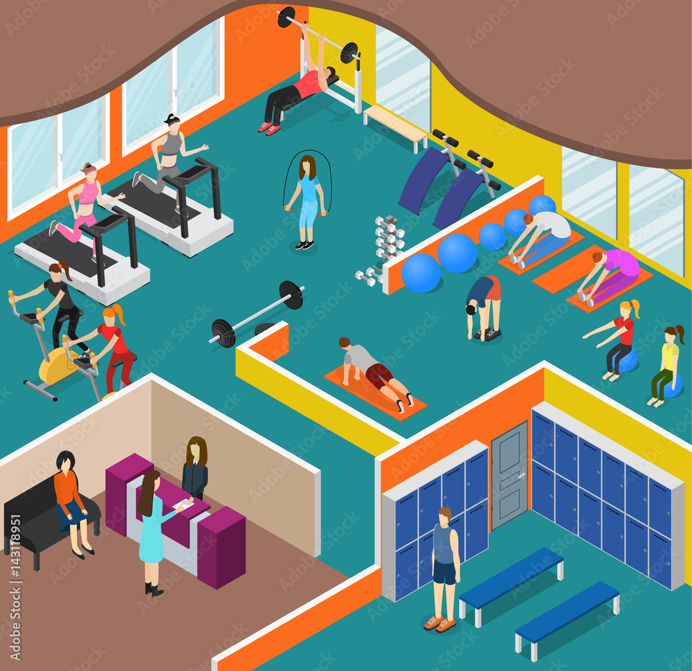 Interior Gym Panorama with Exercise Equipment Isometric View. Vector