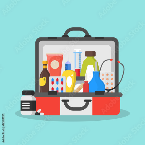 First Aid Kit Box or Suitcase. Vector