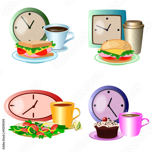 Vector set of lunch break foods, clocks and drinks