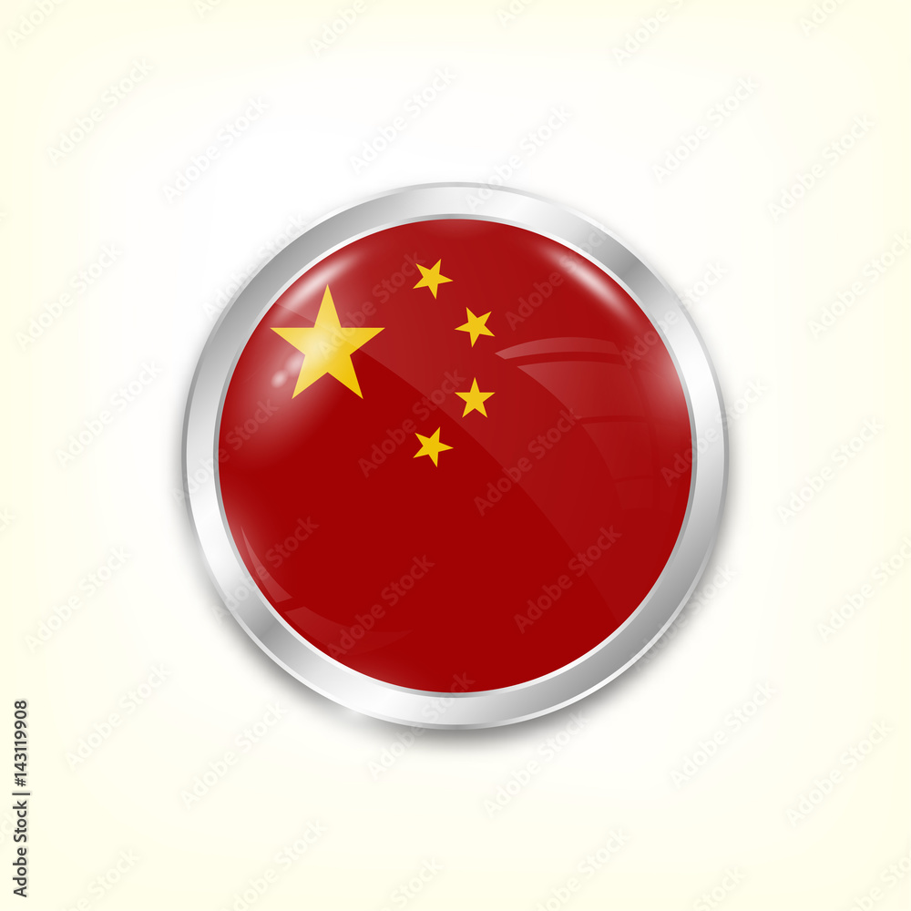 Round button national flag of China with the reflection of light and shadow. Icon country. Realistic vector illustration. Round button national flag of China with the reflection of light and shadow. Icon country. Realistic vector illustration.