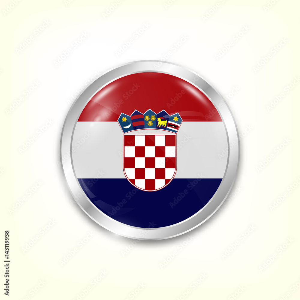 Round button national flag of Croatia with the reflection of light and shadow. Icon country. Realistic vector illustration.