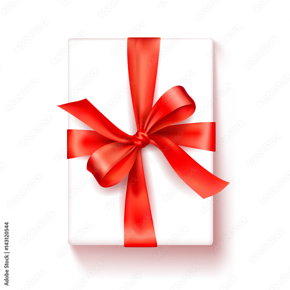 Gift box. White box with a red satin bow. Bright Tape Decorates a Gift. Gift box. White box with a red satin bow. Bright Tape Decorates a Gift.